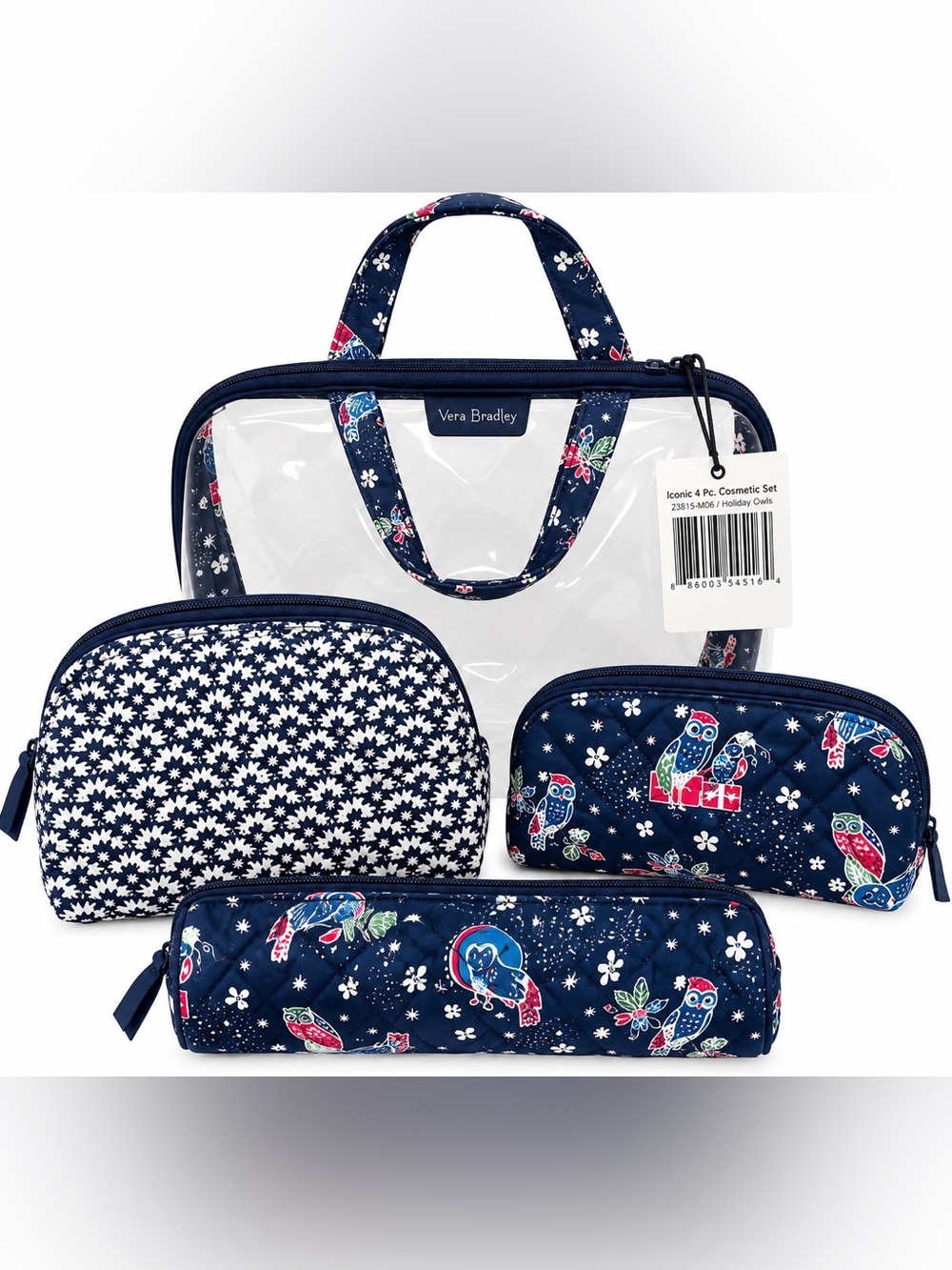 Vera Bradley Iconic 4 Piece Cosmetic Set Holiday Owls NWT